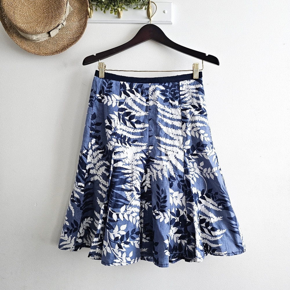 Ann Taylor Blue White Botanical Linen Lined Paneled A-Line Midi Skirt Size 0